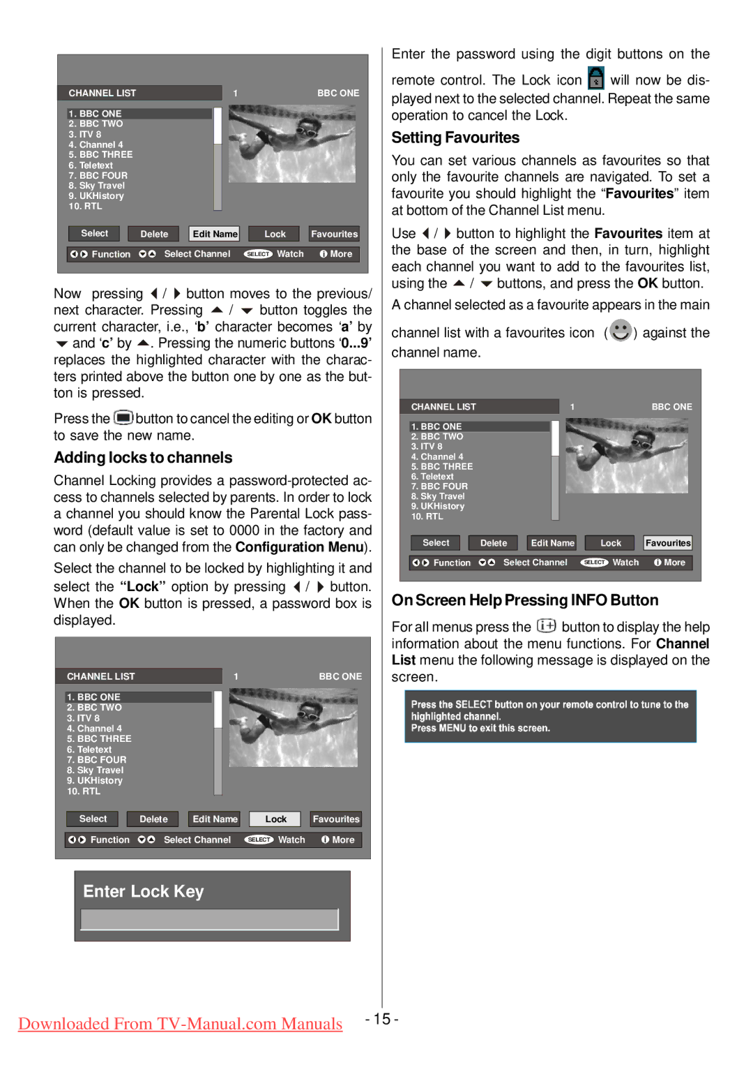 Hitachi L32HP01U manual Setting Favourites, Adding locks to channels, On Screen Help Pressing Info Button 