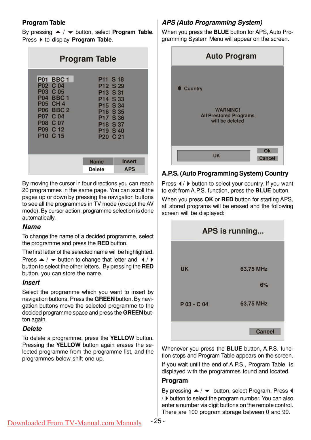 Hitachi L32HP01U manual Program Table, S. Auto Programming System Country, By pressing a / b button, select Program. Press 