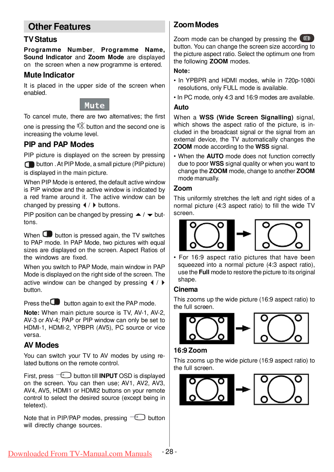 Hitachi L32HP01U manual Other Features, TV Status, Mute Indicator, PIP and PAP Modes, AV Modes 