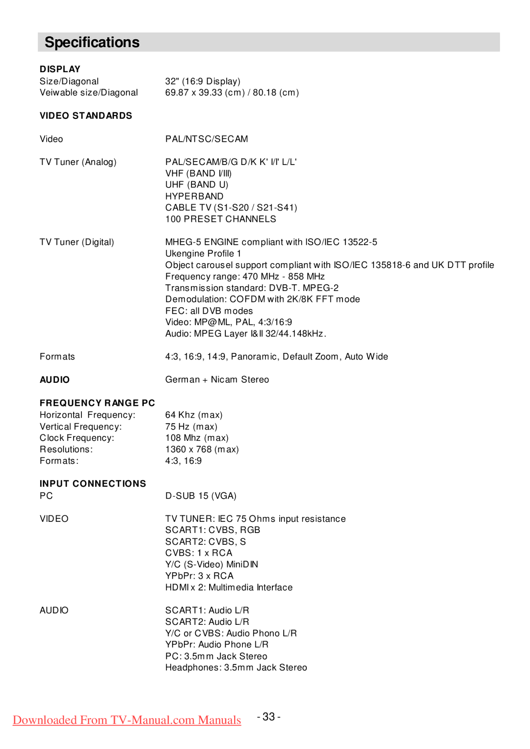 Hitachi L32HP01U manual Specifications 