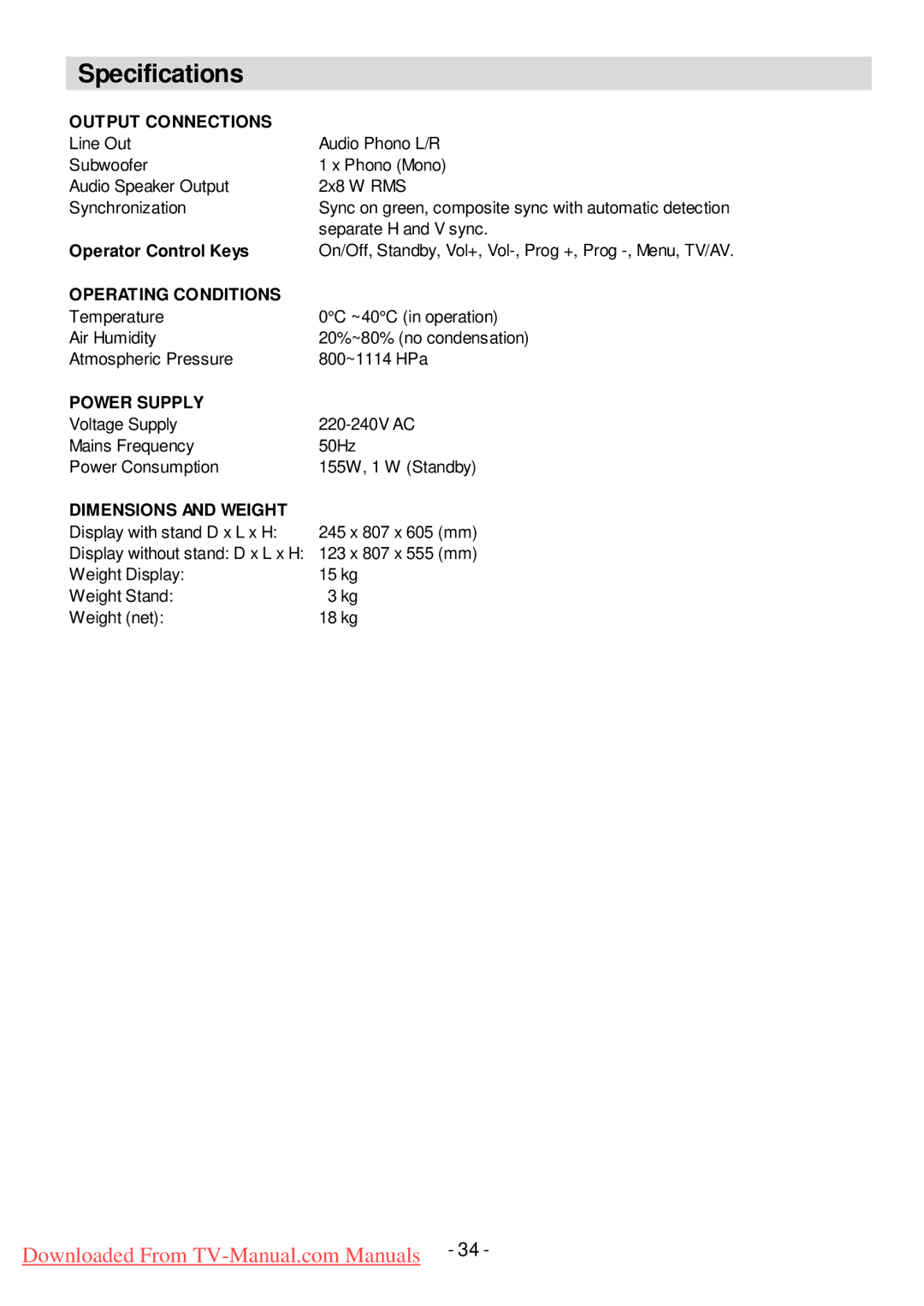 Hitachi L32HP01U manual Output Connections, Separate H and V sync 