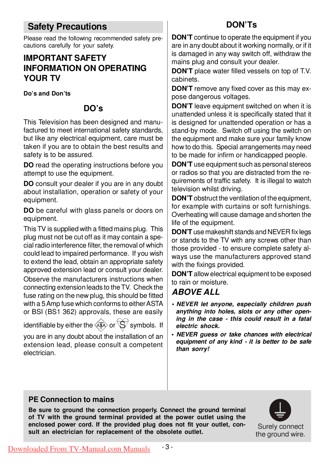 Hitachi L32HP01U manual Safety Precautions, PE Connection to mains 