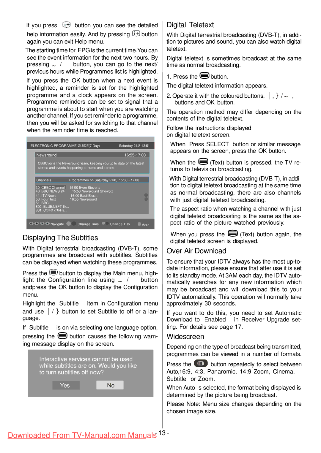 Hitachi L32HR1U, L32H01U manual Displaying The Subtitles, Digital Teletext, Over Air Download, Widescreen 