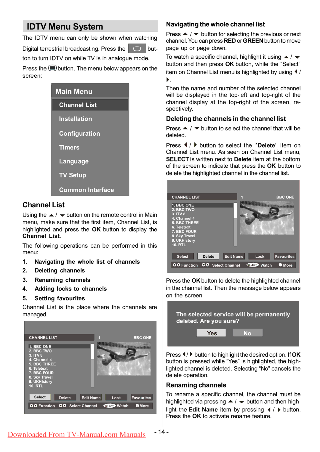 Hitachi L32H01U, L32HR1U manual Idtv Menu System, Channel List, Navigating the whole channel list, Renaming channels 