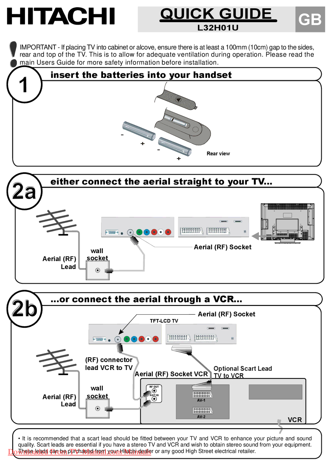 Hitachi L32HR1U manual Insert the batteries into your handset, Either connect the aerial straight to your TV, L32H01U 