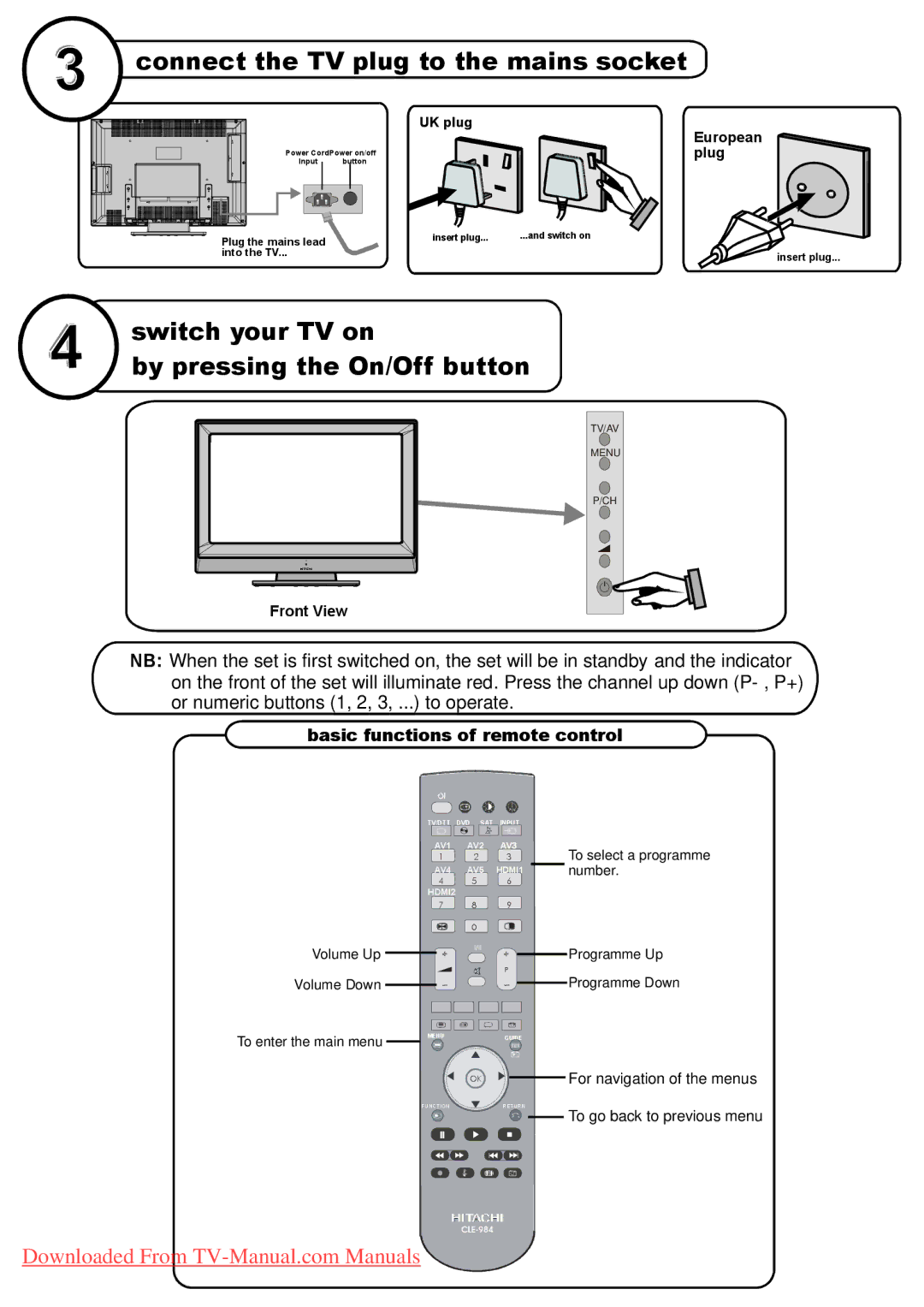 Hitachi L32HR1U, L32H01U manual Connect the TV plug to the mains socket, Switch your TV on By pressing the On/Off button 