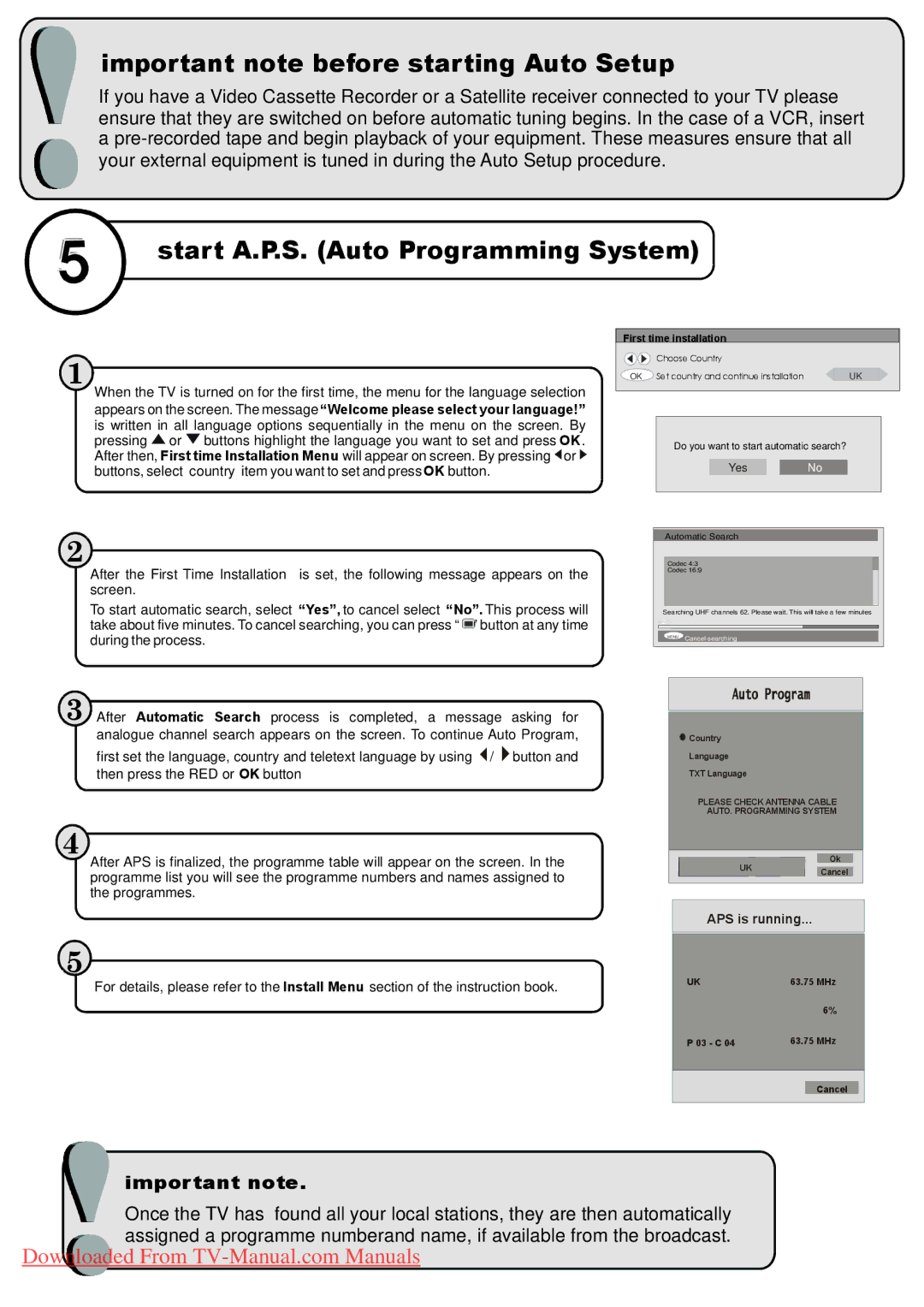 Hitachi L32H01U, L32HR1U manual Important note before starting Auto Setup, Start A.P.S. Auto Programming System 