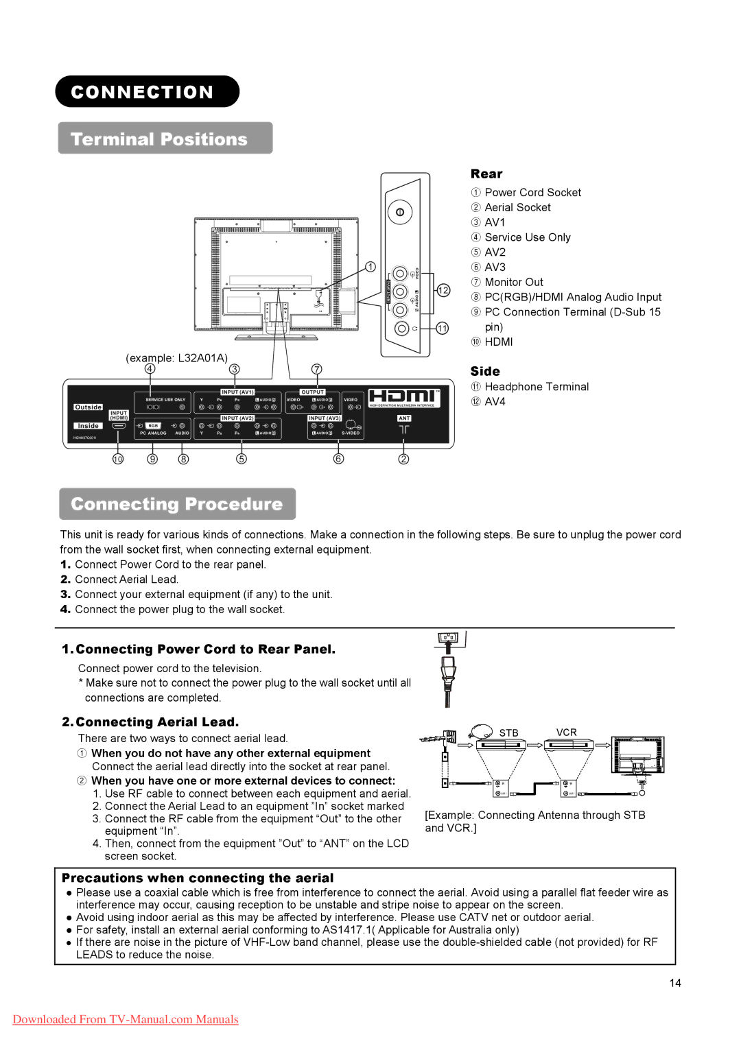 Hitachi L26A01A, L37A01A, L32A01A user manual Connection, Terminal Positions, Connecting Procedure 