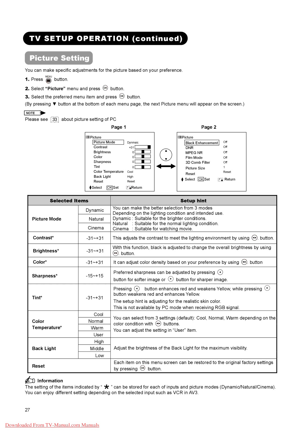 Hitachi L32A01A, L37A01A, L26A01A user manual TV Setup Operation Picture Setting 