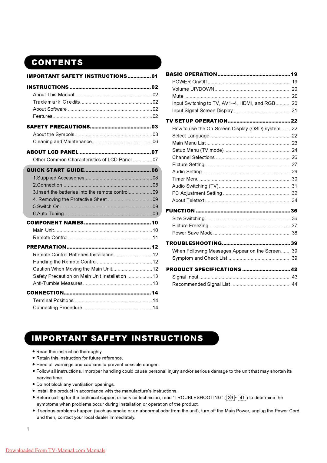 Hitachi L37A01A, L26A01A, L32A01A user manual Contents, Important Safety Instructions 