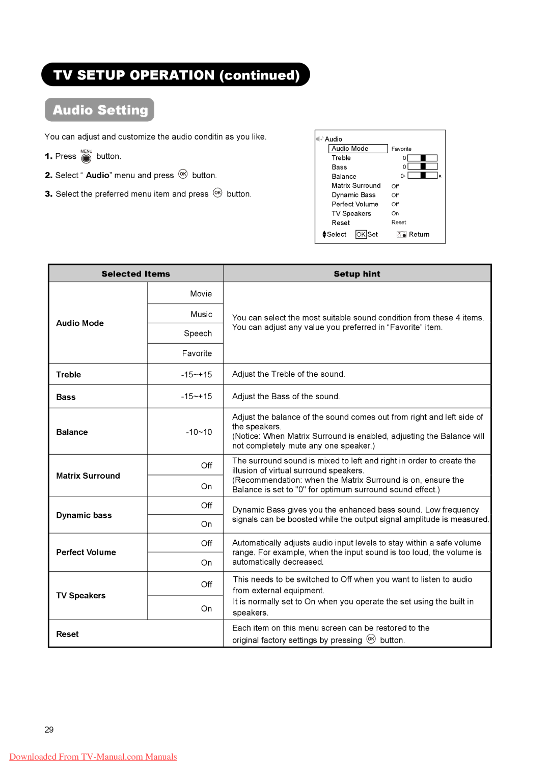 Hitachi L26A01A, L37A01A, L32A01A user manual TV Setup Operation Audio Setting 