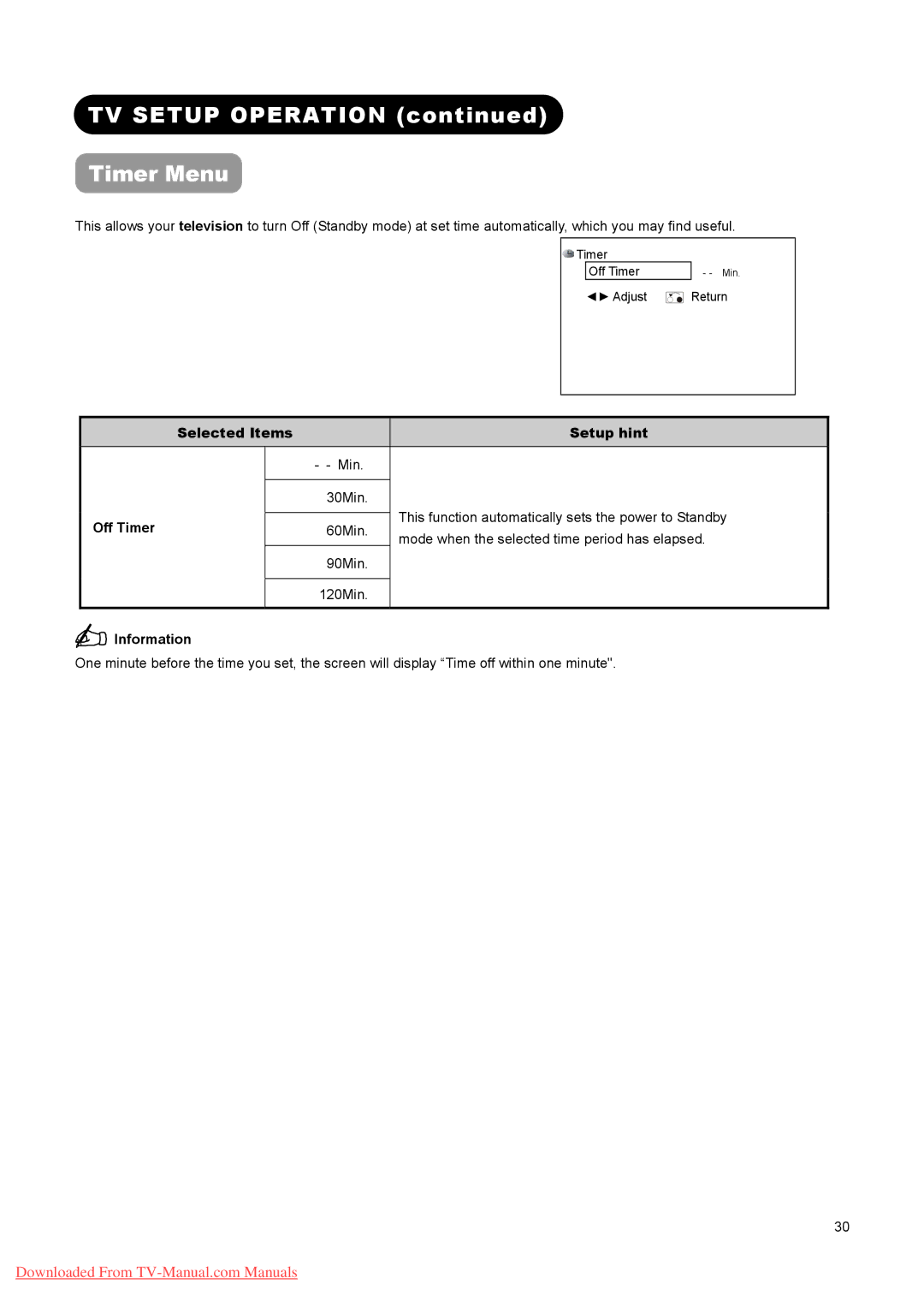 Hitachi L32A01A, L37A01A, L26A01A user manual TV Setup Operation Timer Menu, Off Timer 