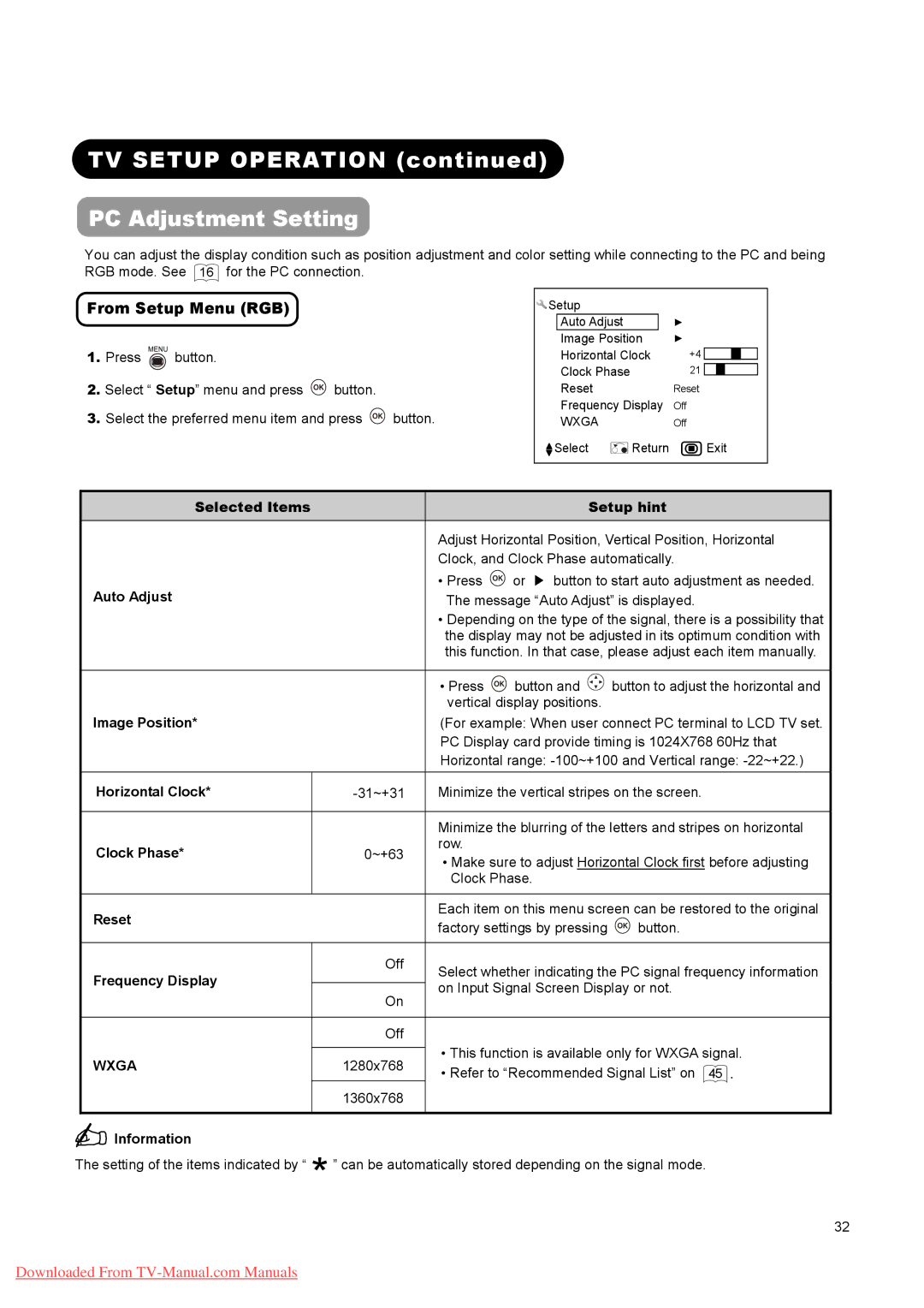 Hitachi L26A01A, L37A01A, L32A01A user manual TV Setup Operation PC Adjustment Setting, From Setup Menu RGB 