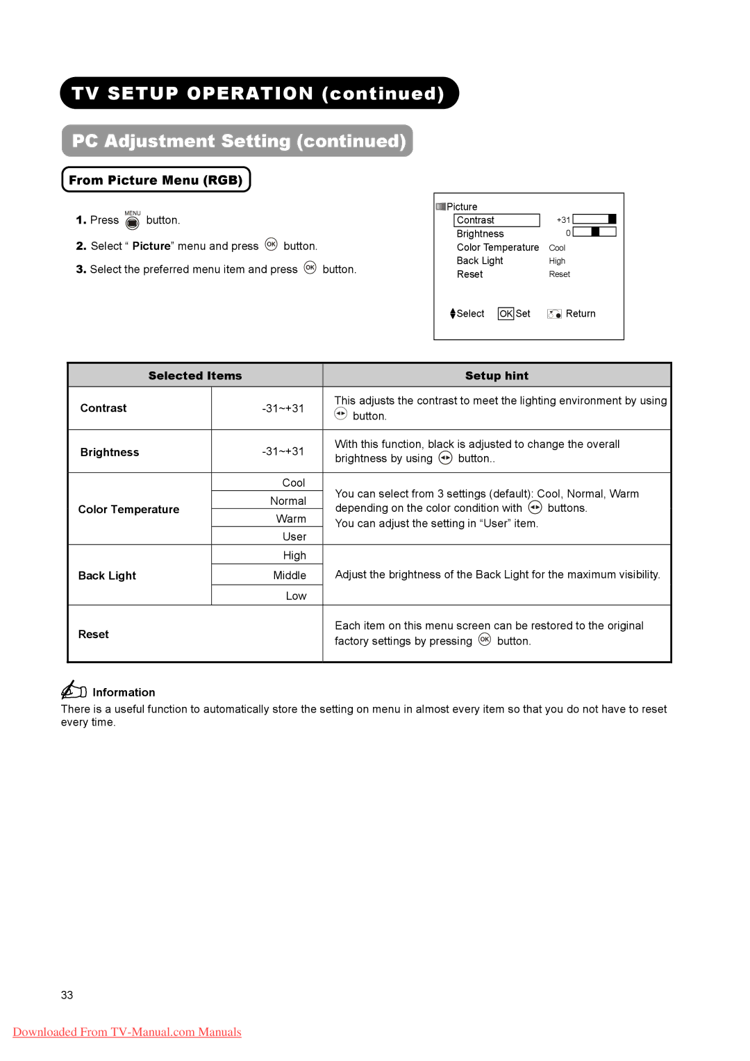 Hitachi L32A01A, L37A01A, L26A01A user manual From Picture Menu RGB, Selected Items Setup hint Contrast, Color Temperature 