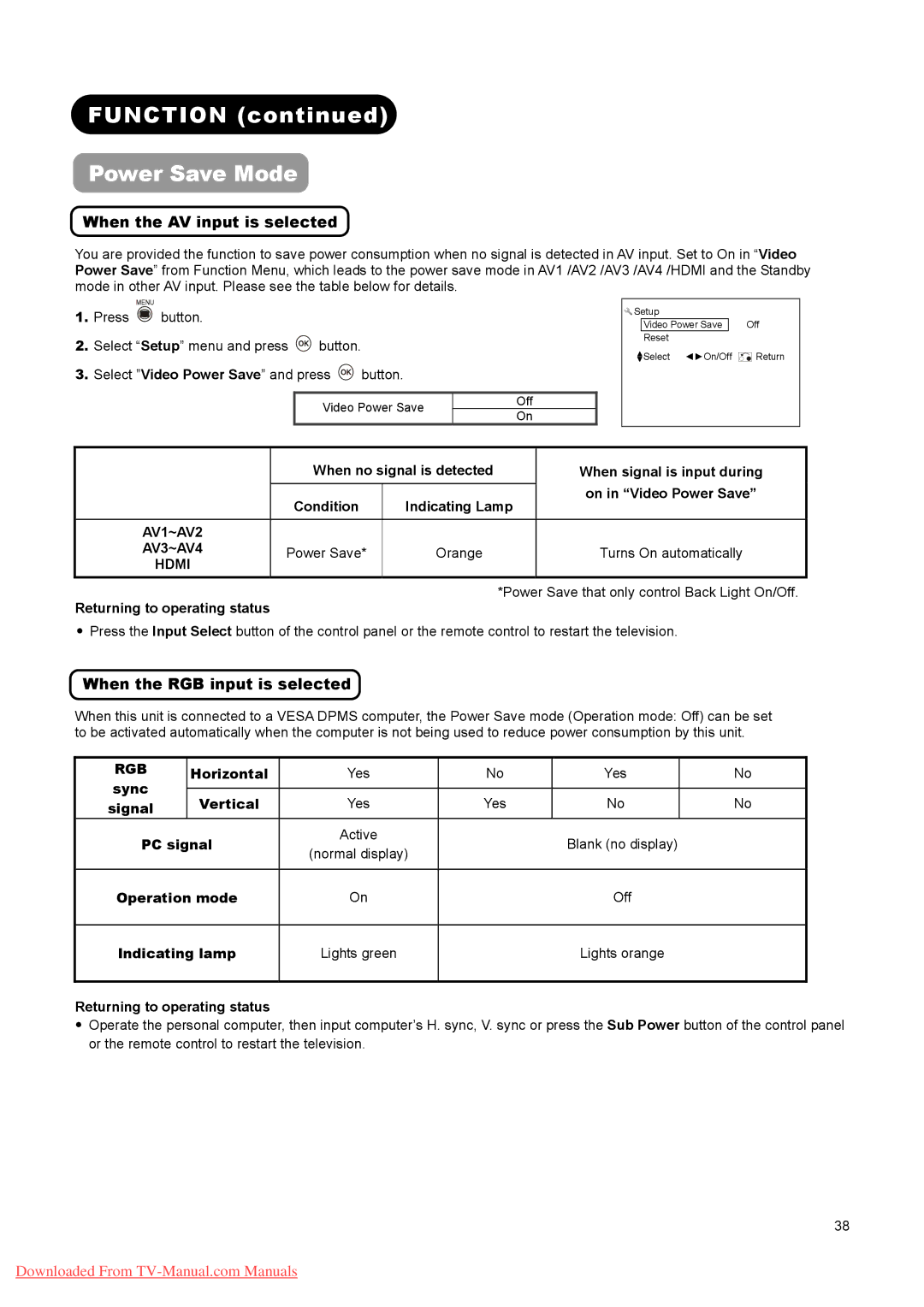 Hitachi L26A01A, L37A01A, L32A01A Function Power Save Mode, When the AV input is selected, When the RGB input is selected 