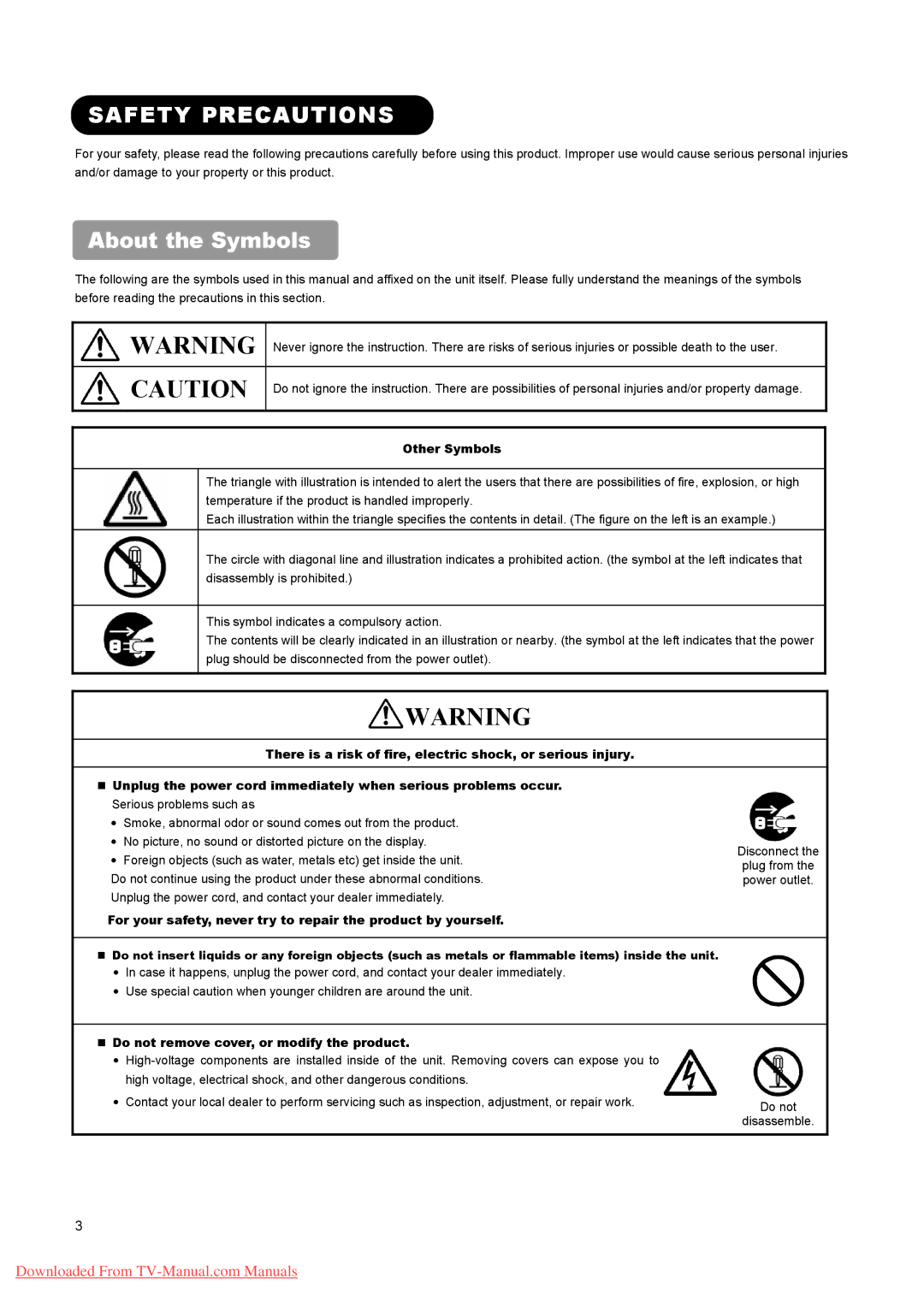 Hitachi L32A01A, L37A01A, L26A01A user manual Safety Precautions, About the Symbols 