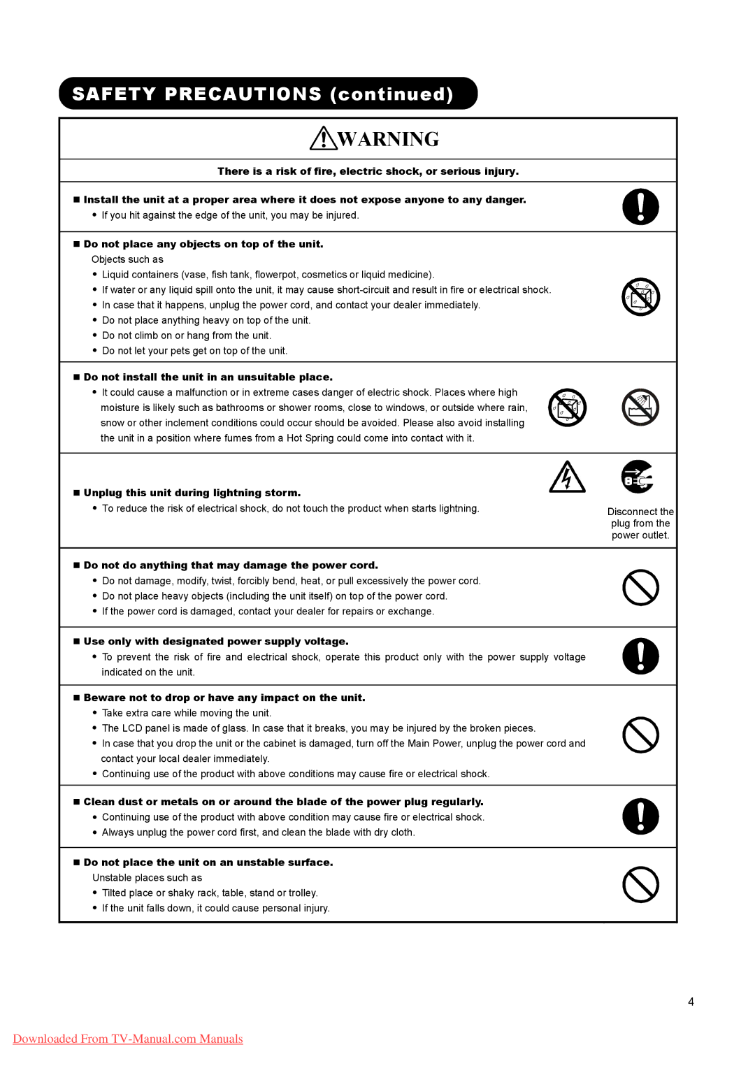 Hitachi L37A01A, L26A01A, L32A01A user manual Safety Precautions, „ Do not place any objects on top of the unit 