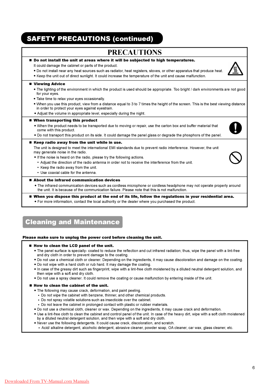 Hitachi L32A01A, L37A01A, L26A01A user manual Precautions, Cleaning and Maintenance 