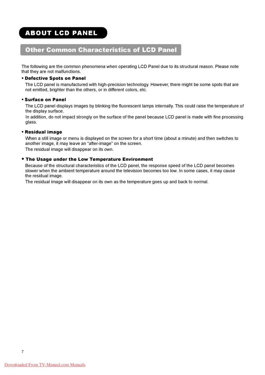 Hitachi L37A01A, L26A01A, L32A01A user manual About LCD Panel, Other Common Characteristics of LCD Panel 