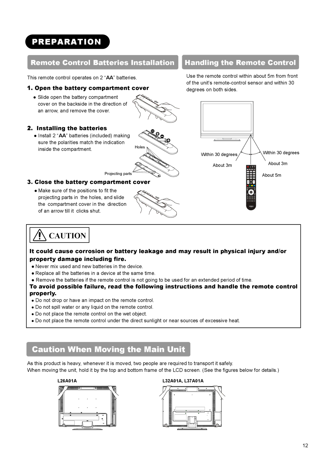 Hitachi L32A01A, L37A01A, L26A01A user manual Preparation, Open the battery compartment cover, Installing the batteries 