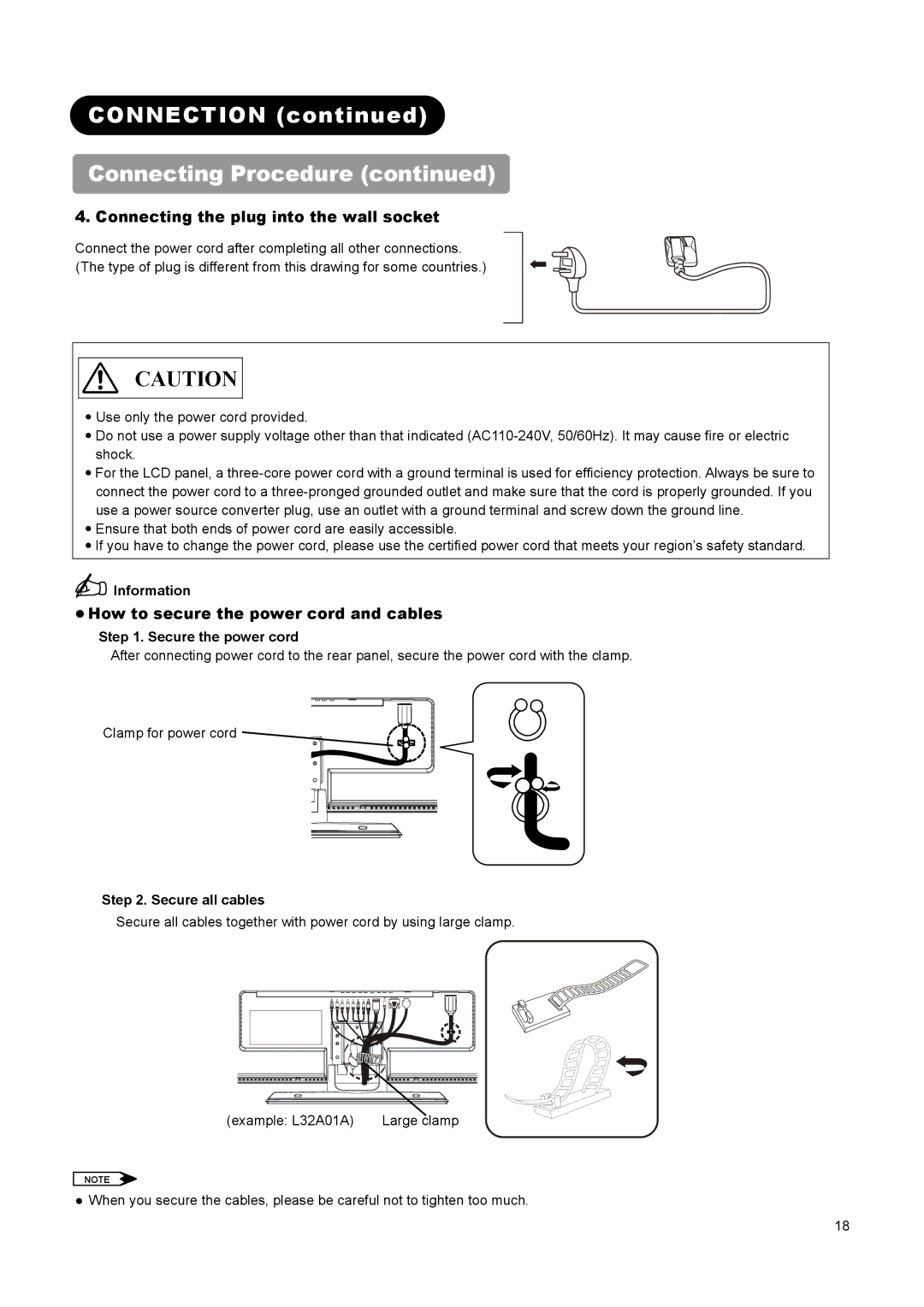 Hitachi L32A01A Connecting the plug into the wall socket, How to secure the power cord and cables, Secure the power cord 