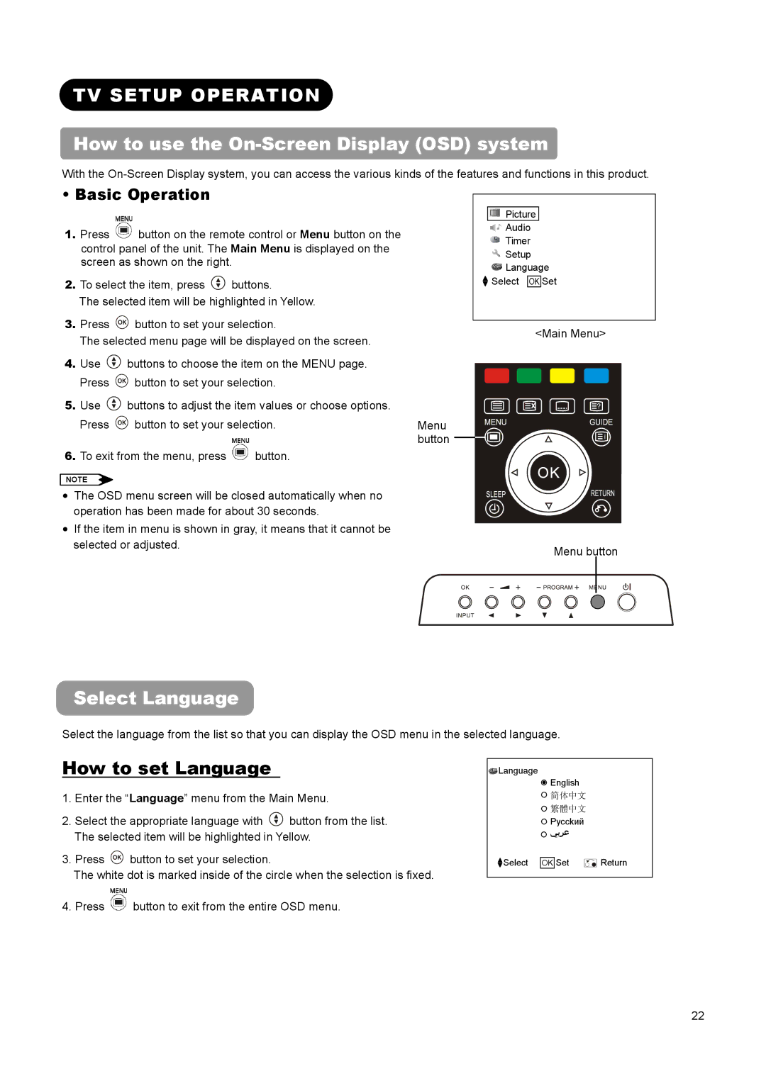 Hitachi L37A01A, L26A01A, L32A01A TV Setup Operation, How to use the On-Screen Display OSD system, Select Language 