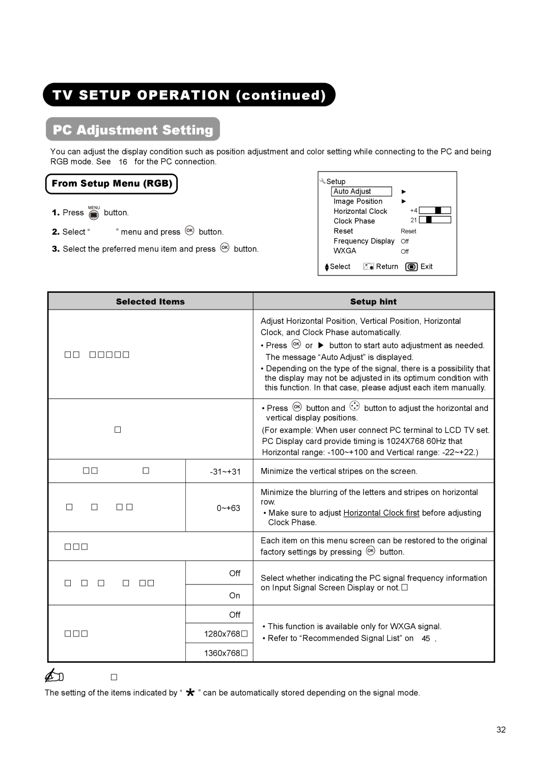 Hitachi L26A01A, L37A01A, L32A01A user manual TV Setup Operation PC Adjustment Setting, From Setup Menu RGB 