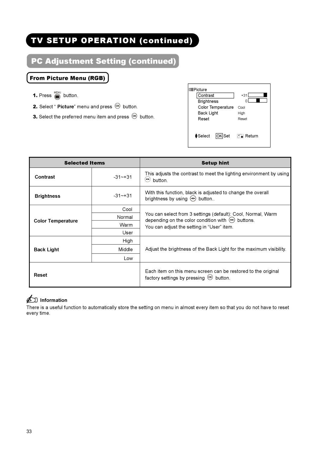 Hitachi L32A01A, L37A01A, L26A01A user manual From Picture Menu RGB, Selected Items Setup hint Contrast, Color Temperature 