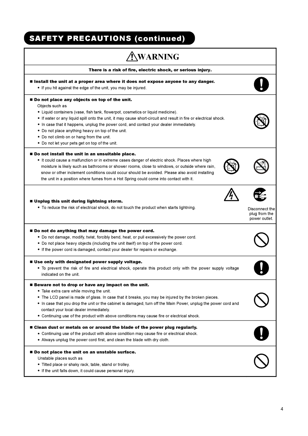 Hitachi L37A01A, L26A01A, L32A01A user manual Safety Precautions, „ Do not place any objects on top of the unit 