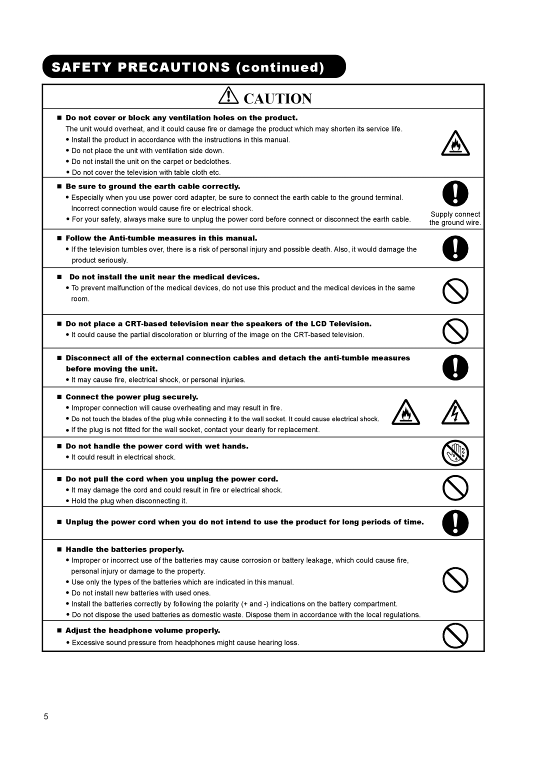 Hitachi L26A01A, L37A01A, L32A01A user manual „ Do not cover or block any ventilation holes on the product 