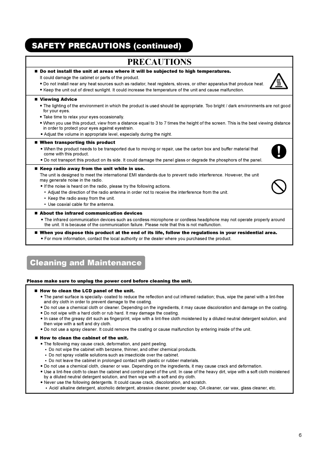 Hitachi L32A01A, L37A01A, L26A01A user manual Precautions, Cleaning and Maintenance 