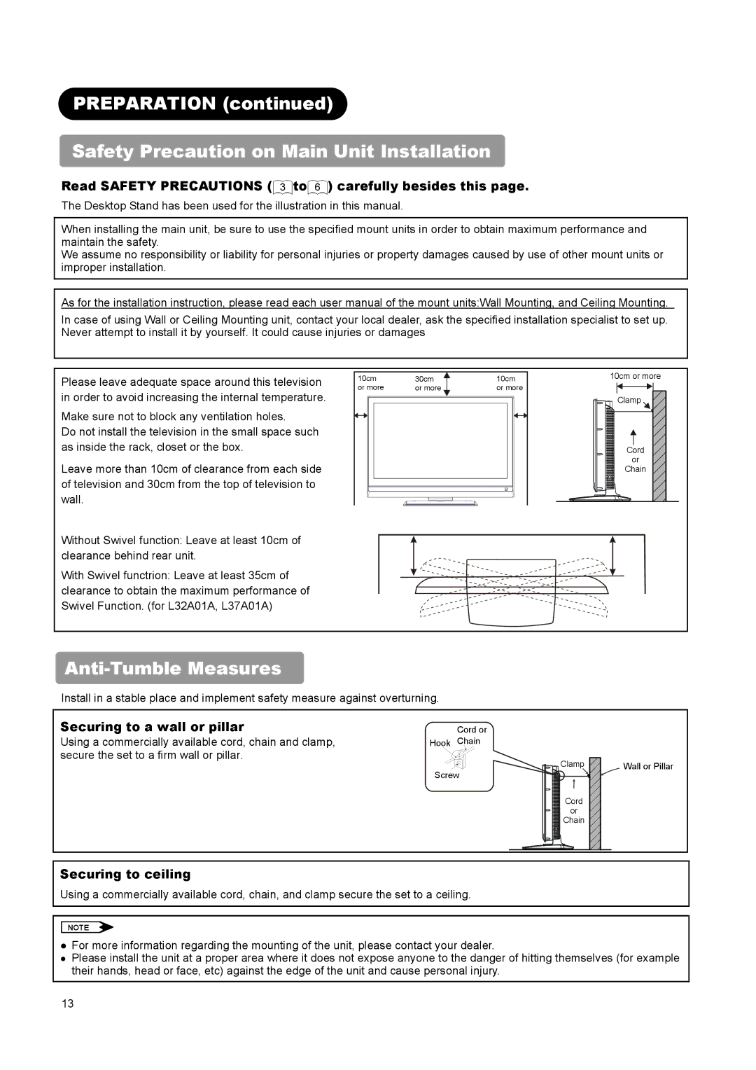 Hitachi L37A01A Preparation Safety Precaution on Main Unit Installation, Anti-Tumble Measures, Securing to ceiling 