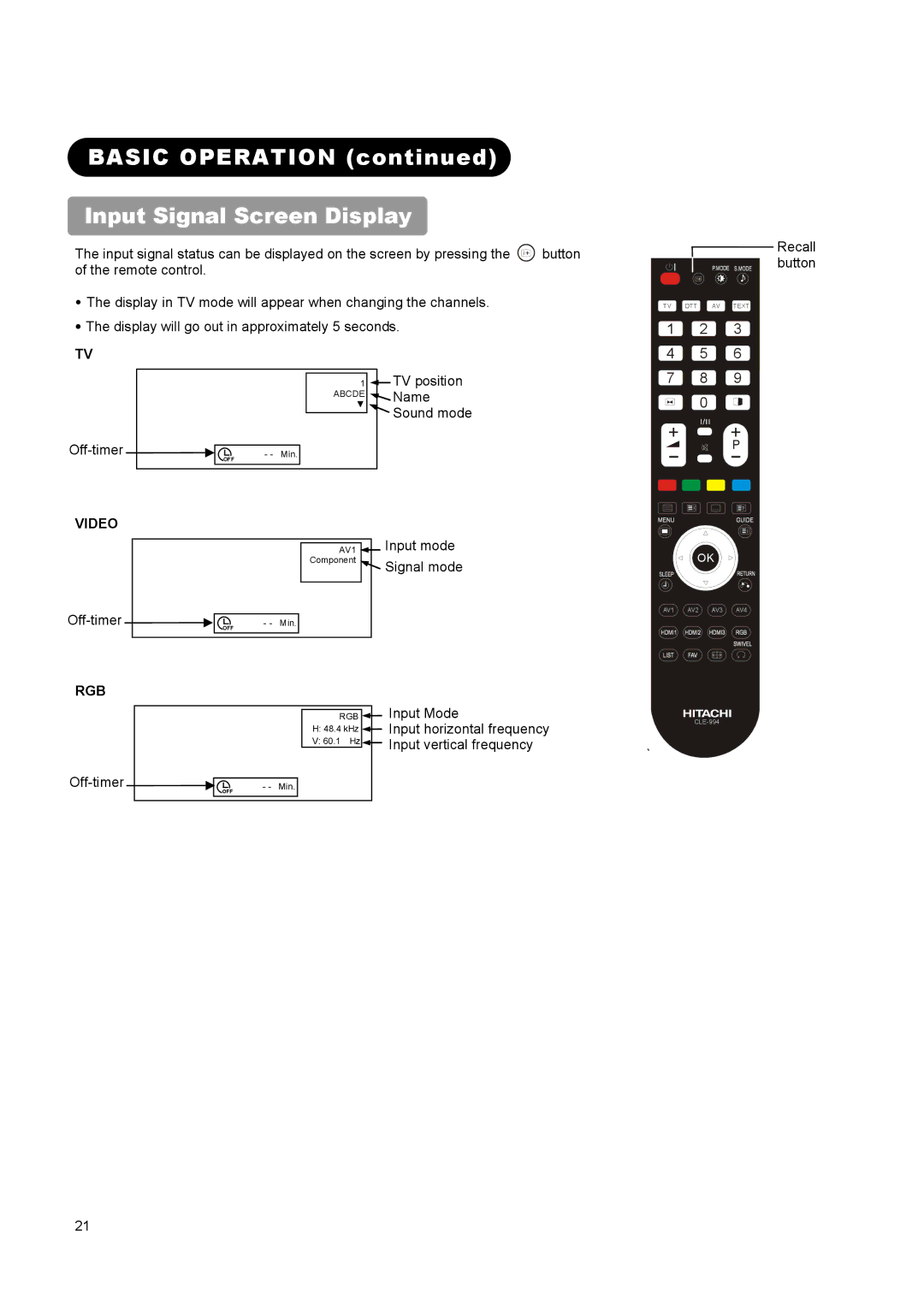 Hitachi L32A01A, L37A01A, L26A01A user manual Basic Operation Input Signal Screen Display, Off-timer 