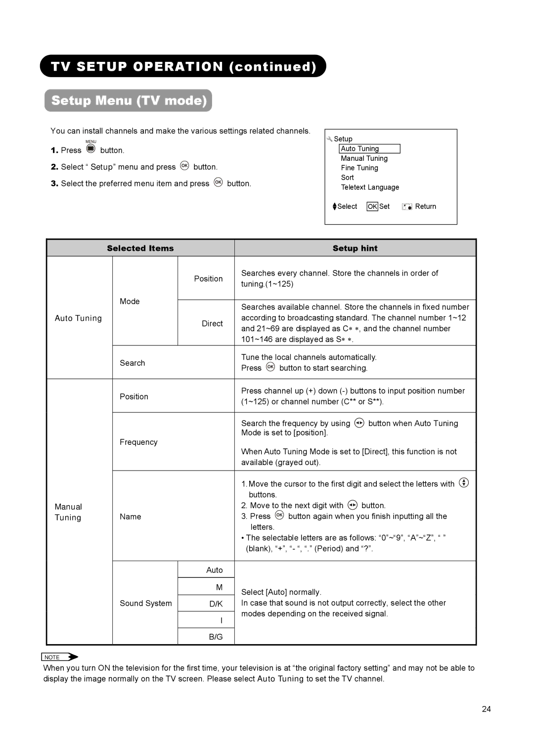 Hitachi L32A01A, L37A01A, L26A01A TV Setup Operation Setup Menu TV mode, Selected Items Setup hint, Auto Tuning, Manual 