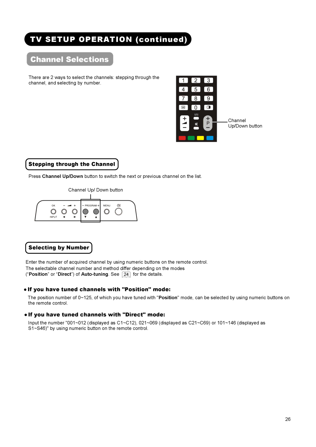 Hitachi L26A01A, L37A01A, L32A01A TV Setup Operation Channel Selections, Stepping through the Channel, Selecting by Number 