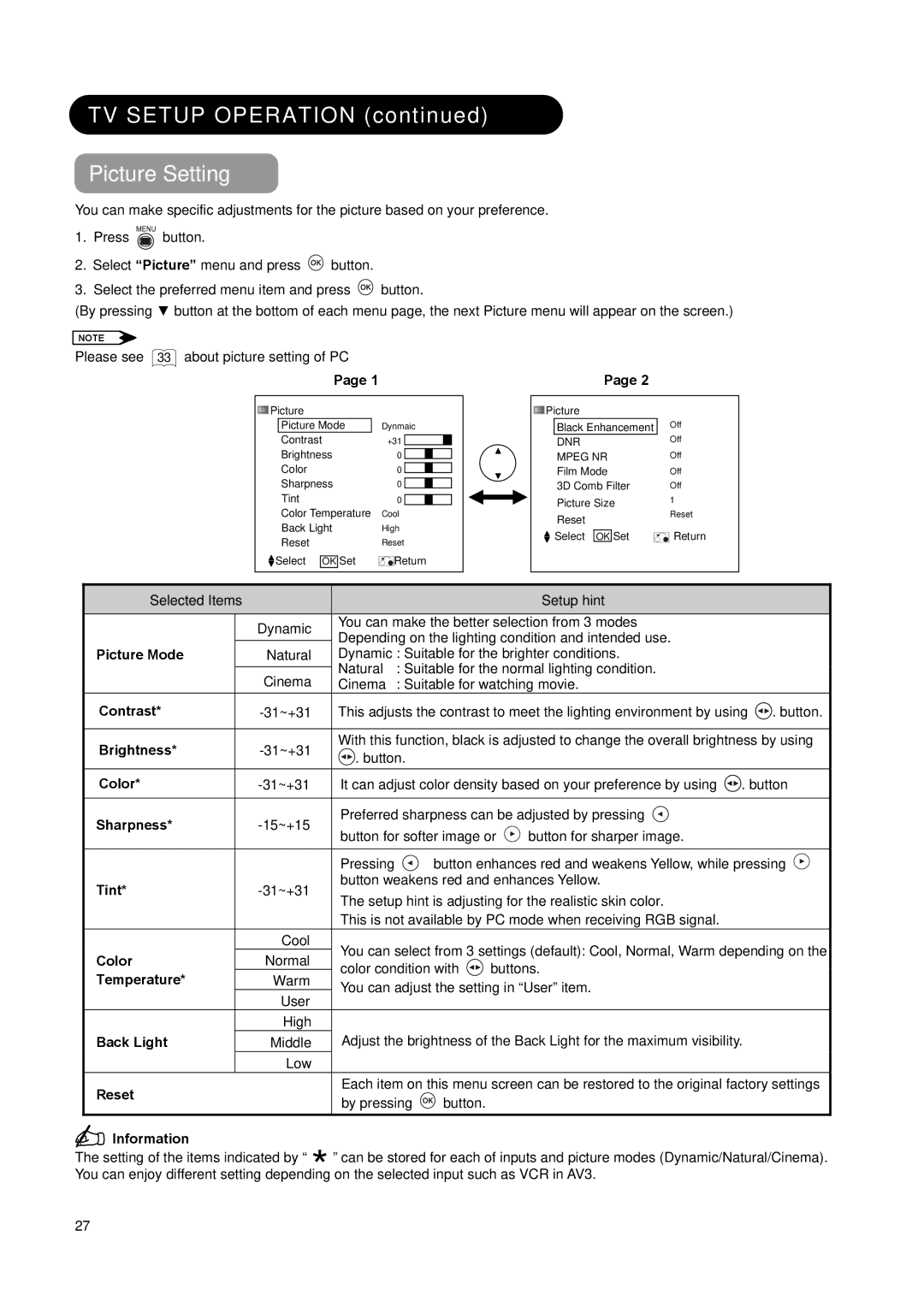 Hitachi L32A01A, L37A01A, L26A01A user manual TV Setup Operation Picture Setting 