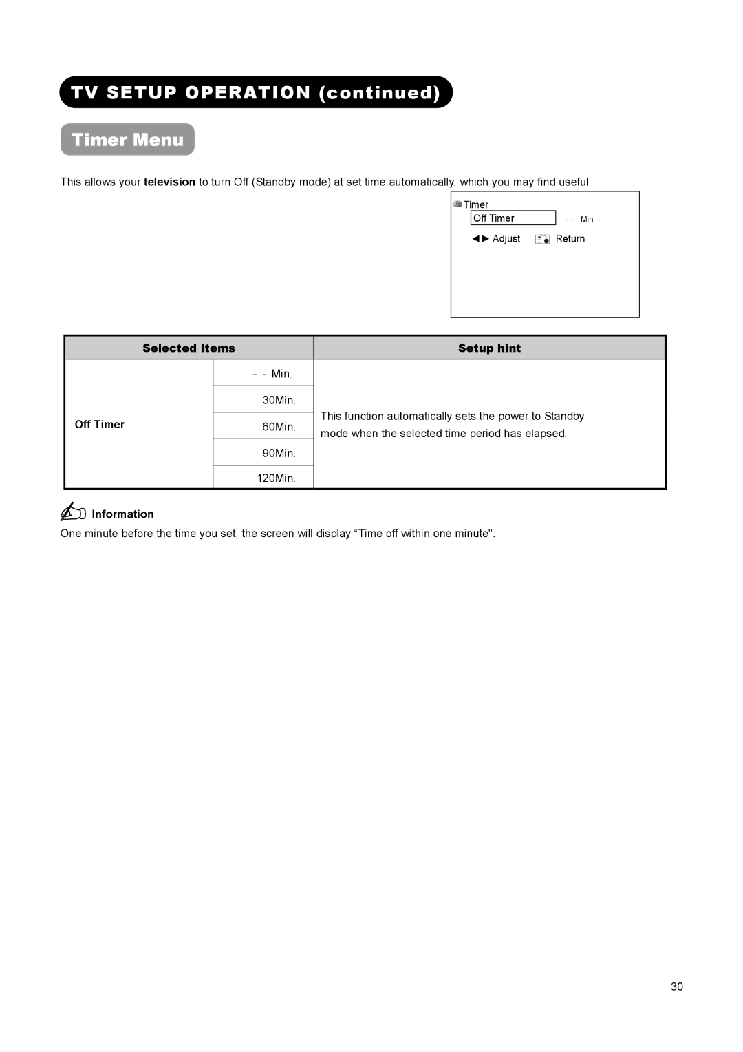 Hitachi L32A01A, L37A01A, L26A01A user manual TV Setup Operation Timer Menu, Off Timer 