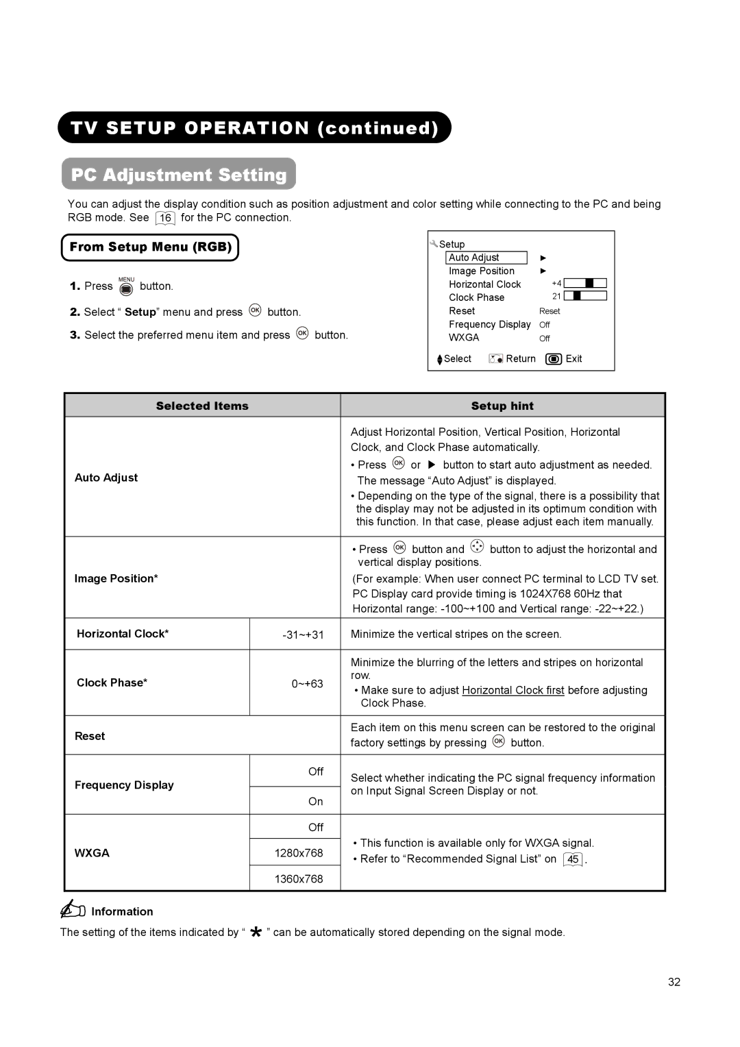 Hitachi L26A01A, L37A01A, L32A01A user manual TV Setup Operation PC Adjustment Setting, From Setup Menu RGB 