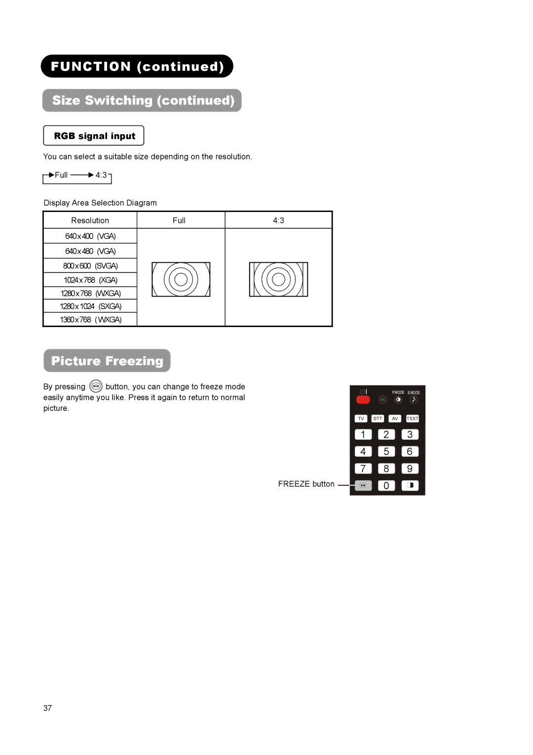 Hitachi L37A01A, L26A01A, L32A01A user manual Function Size Switching, Picture Freezing, RGB signal input 