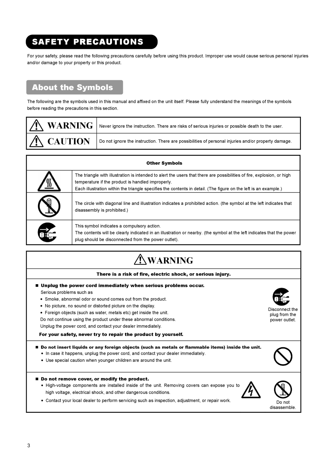 Hitachi L32A01A, L37A01A, L26A01A user manual Safety Precautions, About the Symbols 