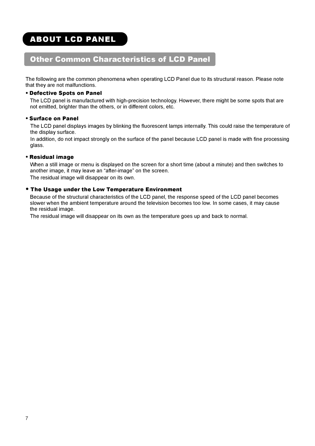 Hitachi L37A01A, L26A01A, L32A01A user manual About LCD Panel, Other Common Characteristics of LCD Panel 