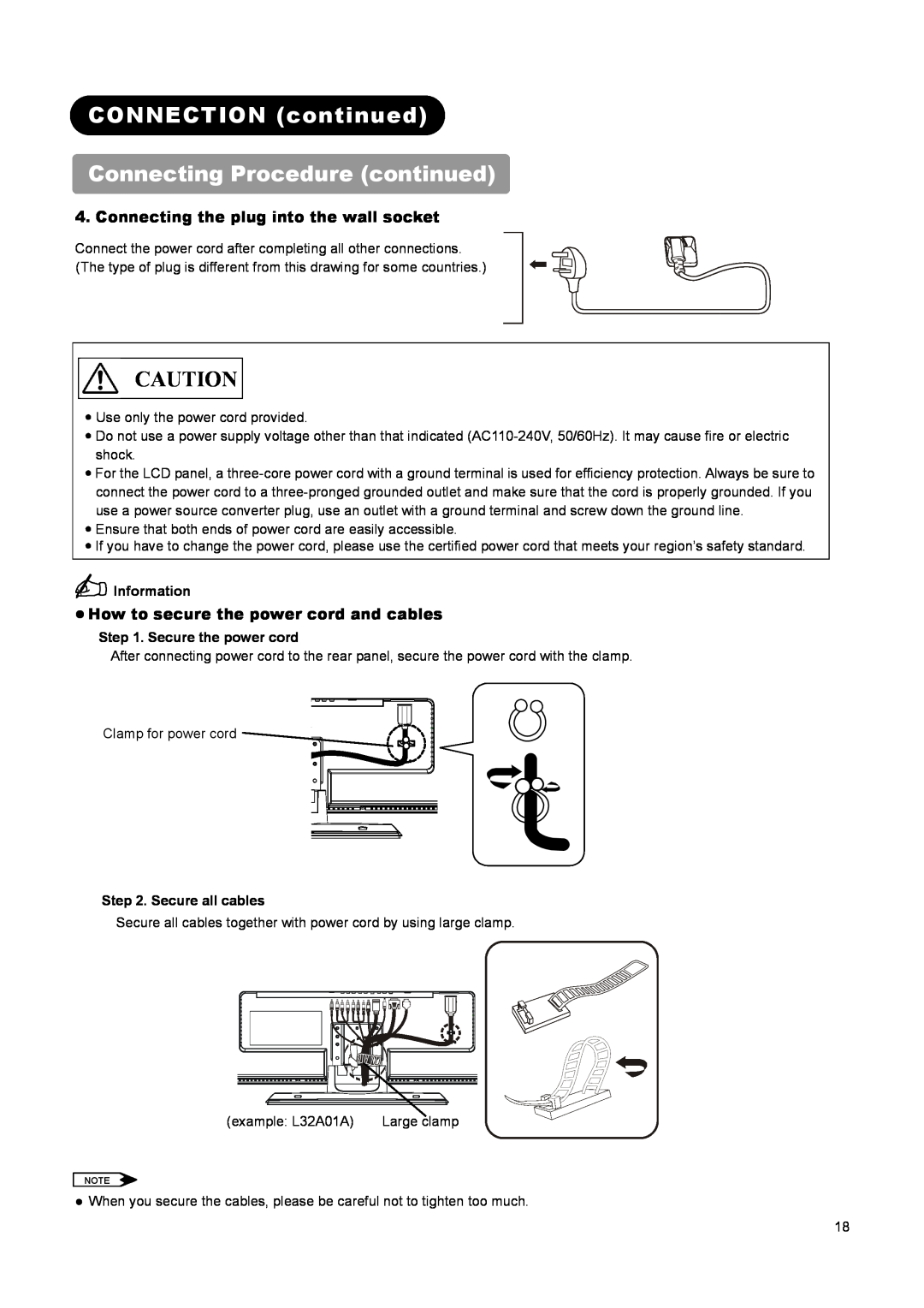 Hitachi L32A01A Connecting the plug into the wall socket, z How to secure the power cord and cables, Clamp for power cord 