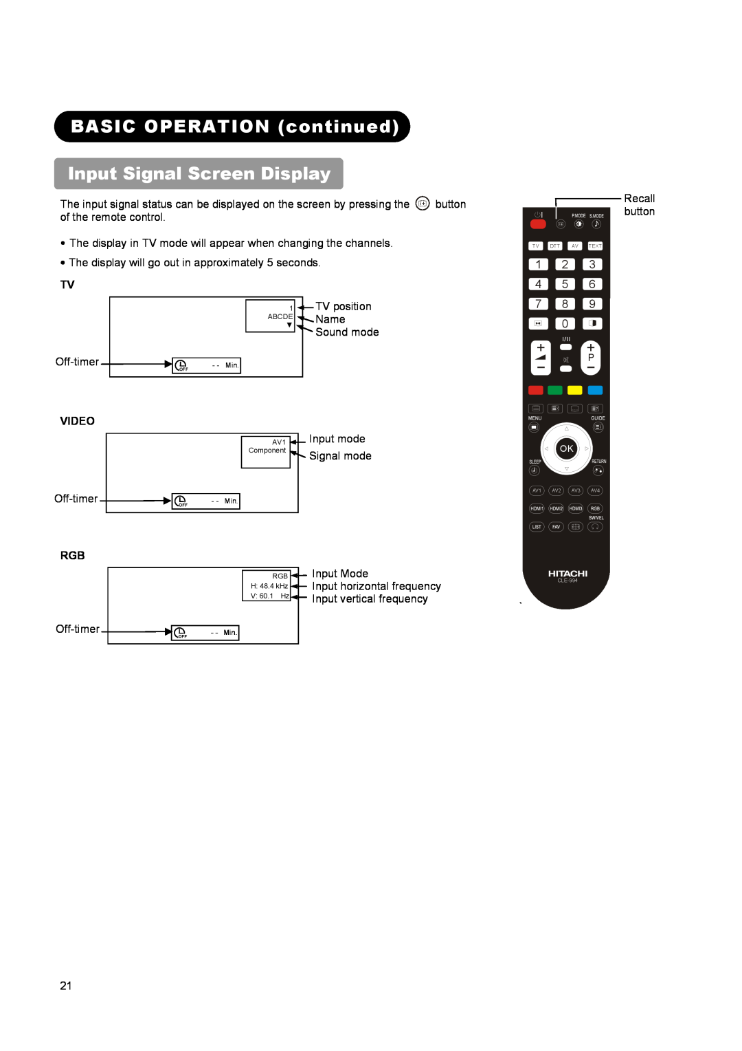 Hitachi L32A01A, L37A01A, L26A01A user manual BASIC OPERATION continued Input Signal Screen Display, + +, 1 2 4 5 7 8 