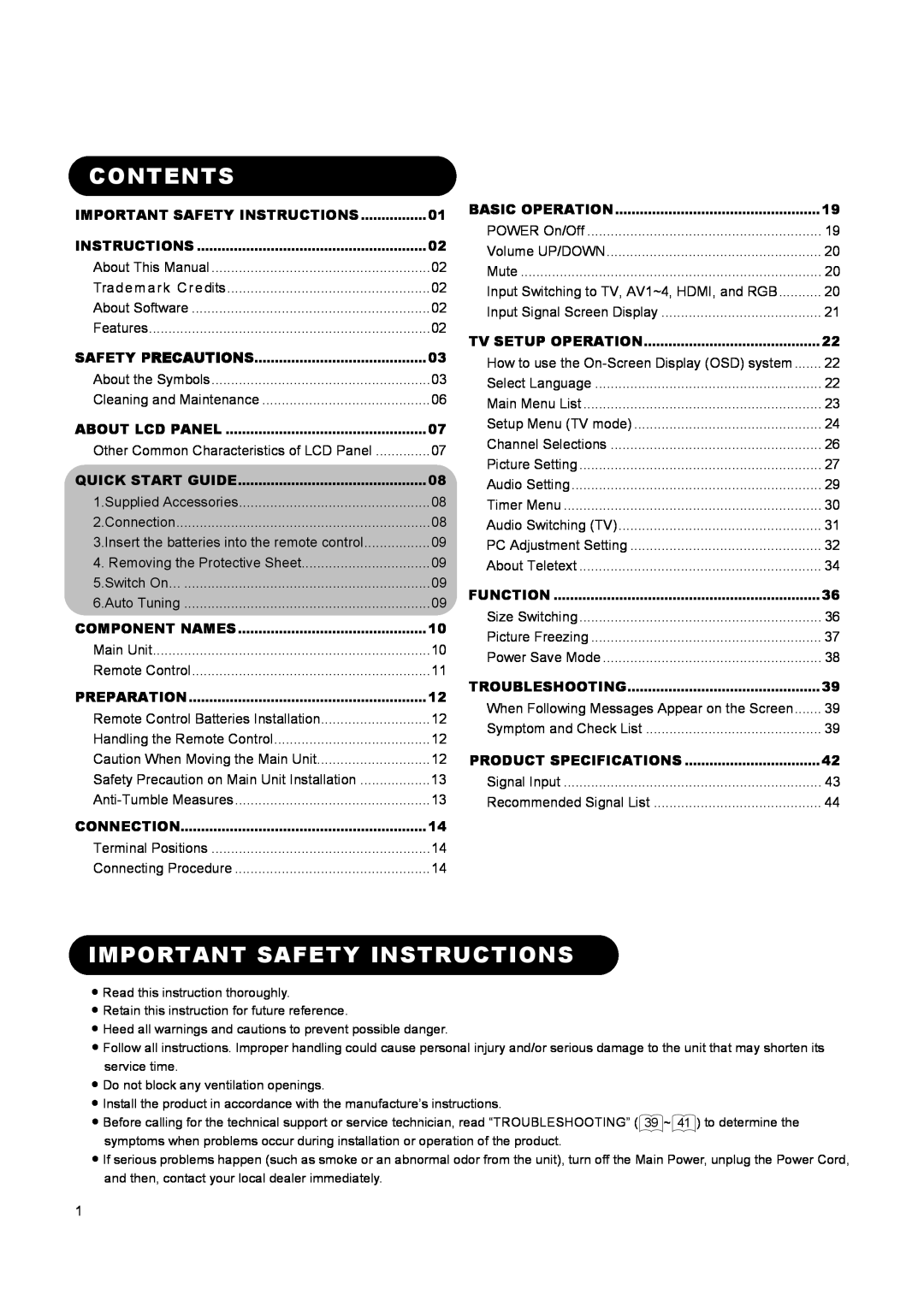 Hitachi L37A01A, L26A01A, L32A01A user manual Contents, Important Safety Instructions 