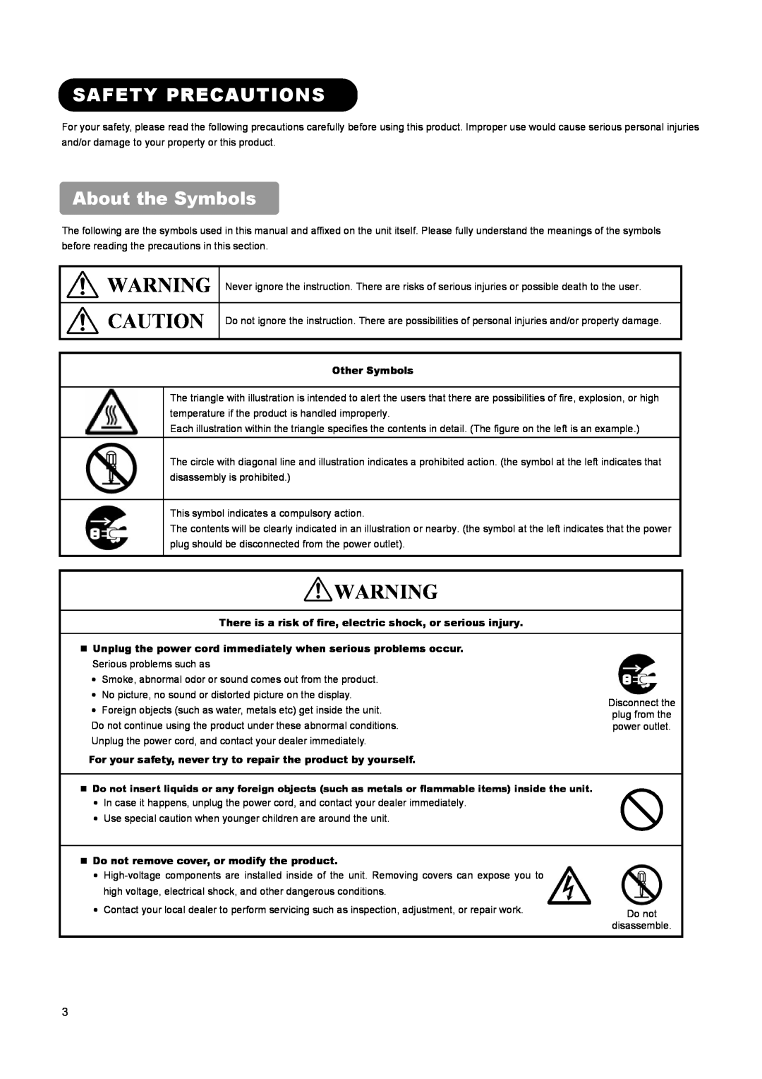 Hitachi L32A01A Safety Precautions, About the Symbols, Other Symbols, „ Do not remove cover, or modify the product 