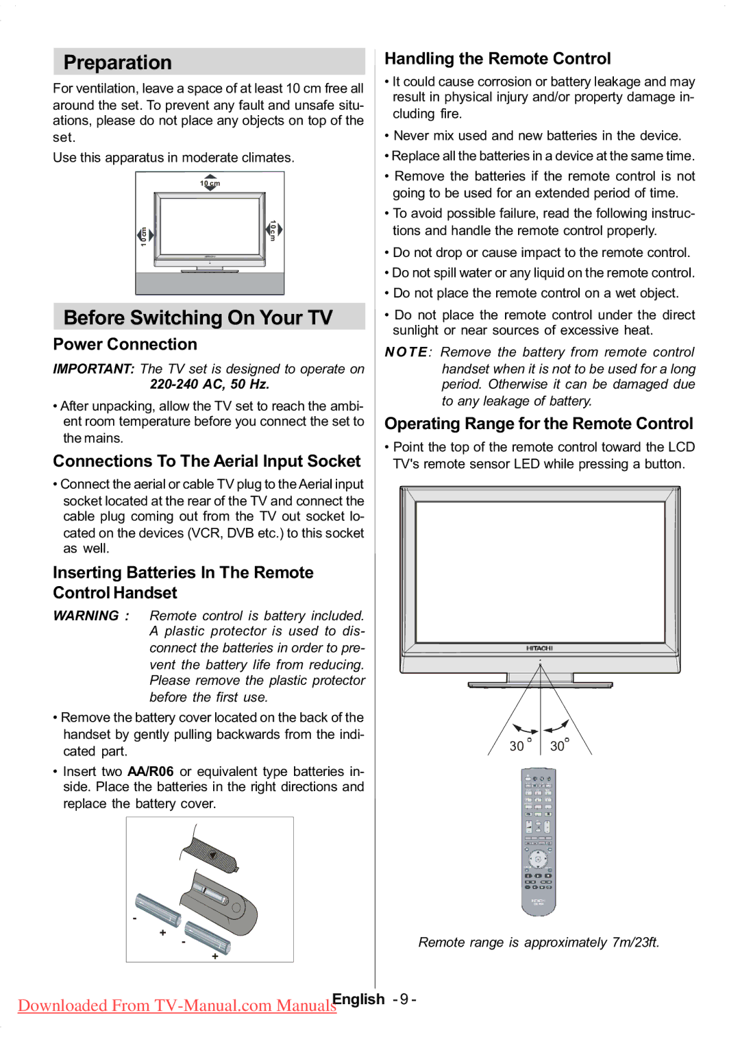 Hitachi L37V01EA, L37VP01E, L37VR1U, L37V01UA manual Preparation, Before Switching On Your TV 