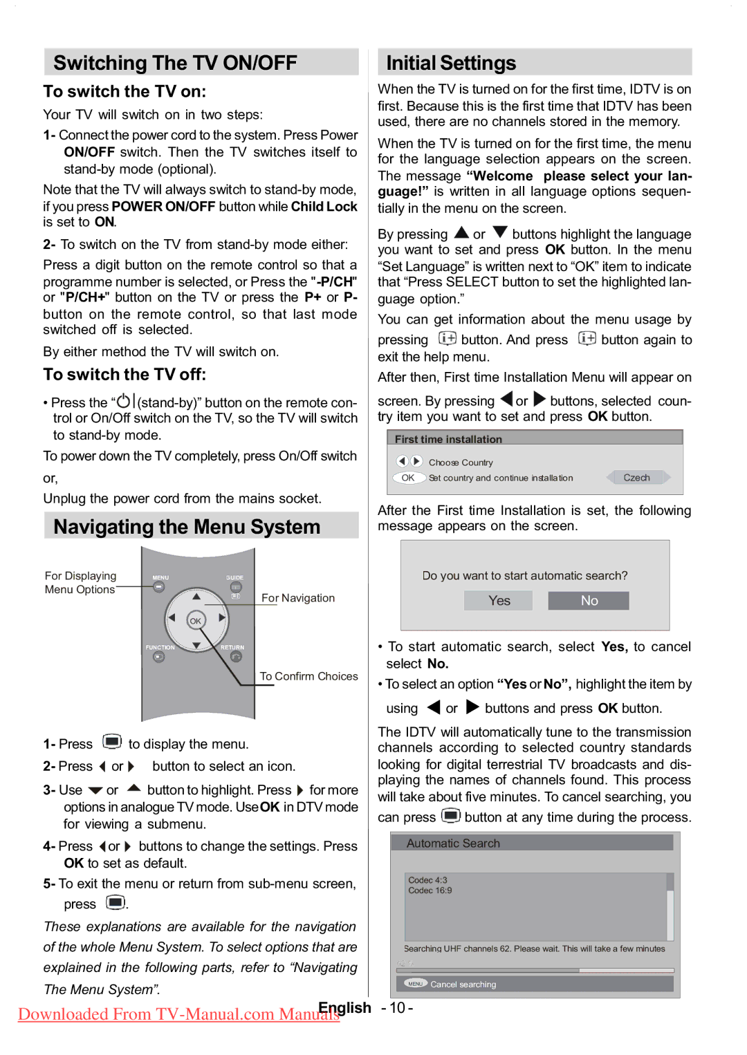 Hitachi L37V01UA, L37VP01E manual Switching The TV ON/OFF, Navigating the Menu System Initial Settings, To switch the TV on 