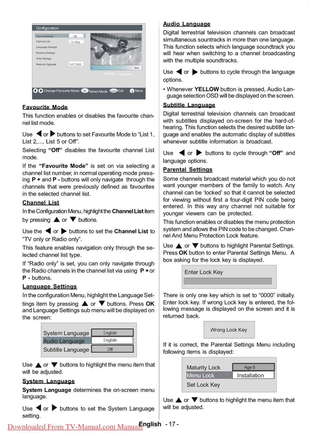 Hitachi L37VP01E Favourite Mode, Language Settings, System Language, Audio Language, Subtitle Language, Parental Settings 