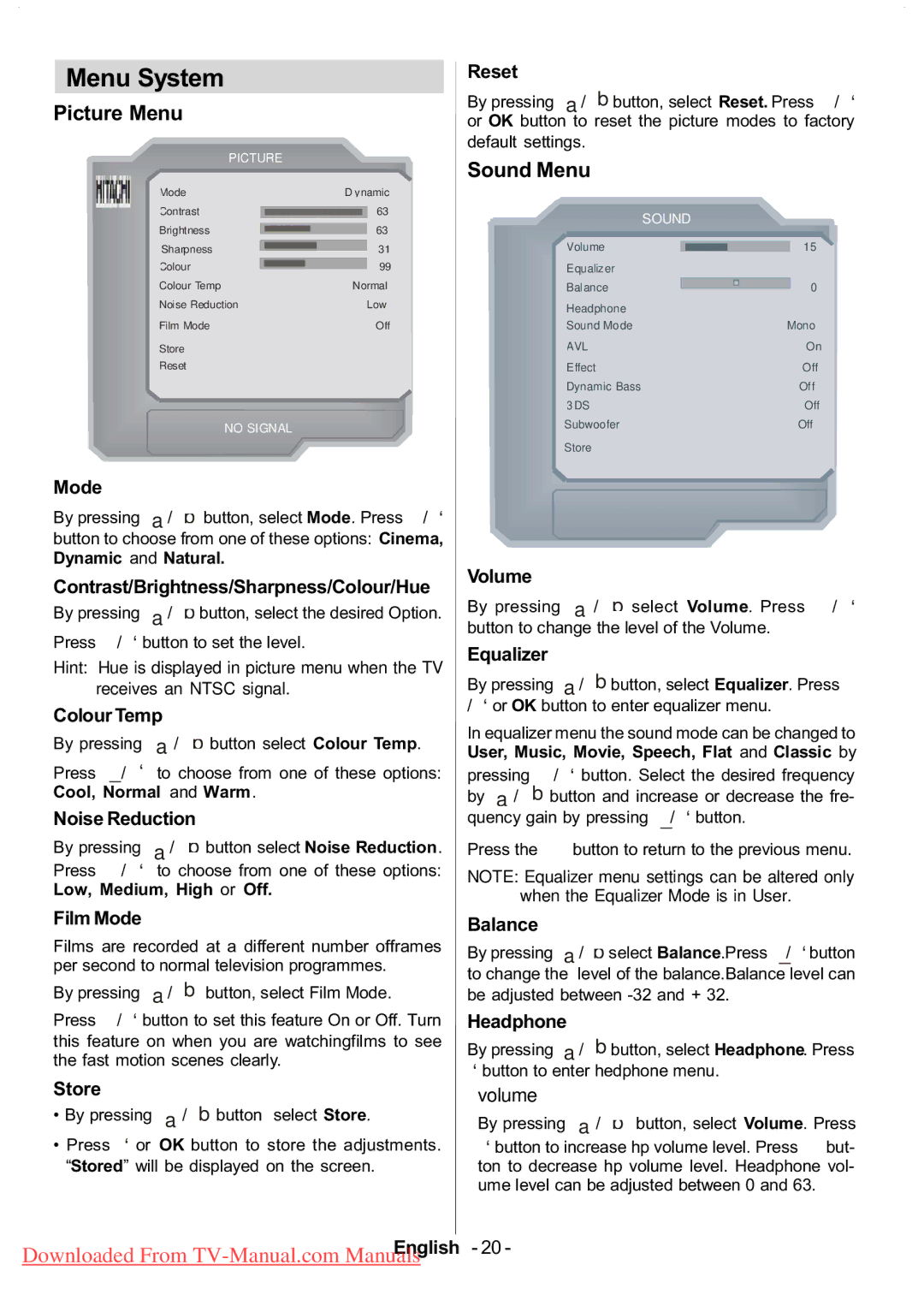 Hitachi L37VP01E, L37VR1U, L37V01EA, L37V01UA manual Menu System, Picture Menu, Sound Menu 