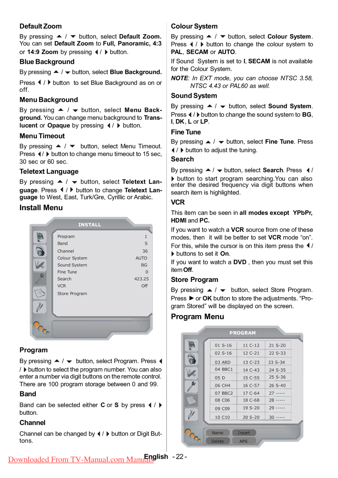 Hitachi L37V01UA, L37VP01E, L37VR1U, L37V01EA manual Install Menu, Program Menu 